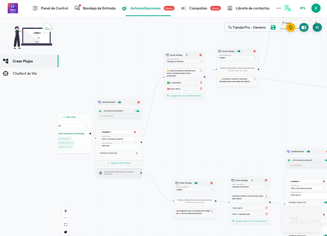 Constructor visual de flujos para Chatbot WhatsApp - Automatización de ventas sin programar para emprendedores